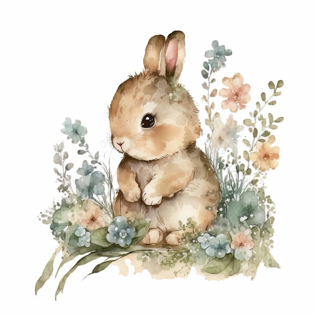 Watercolor illustration of a bunny in flowers