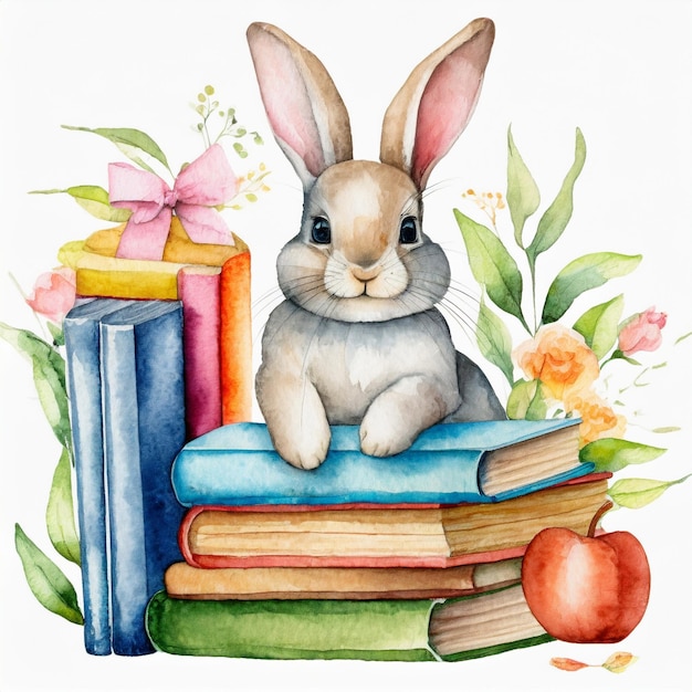 Watercolor illustration of bunny sitting on pile of books on the white background educational concept