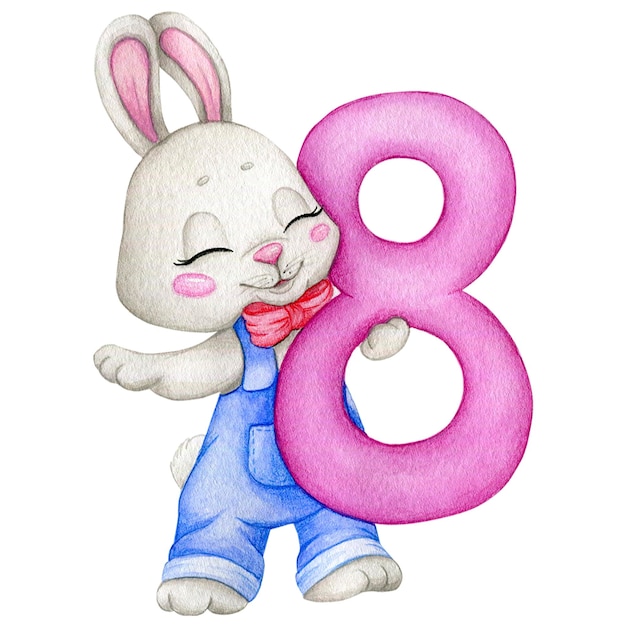 Watercolor illustration of a bunny with the number 8