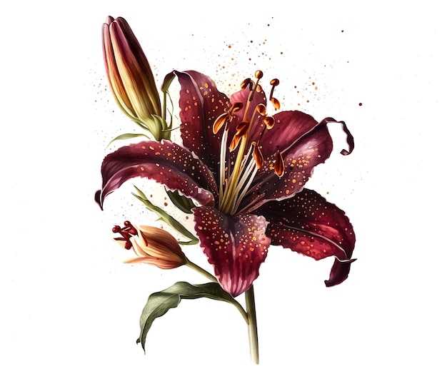 Watercolor illustration of burgundy lily on isolated white background
