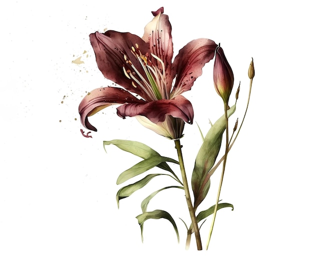 Watercolor illustration of burgundy lily on isolated white background