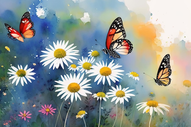 Watercolor illustration of butterflies fluttering over wild flowers in spring Generative AI