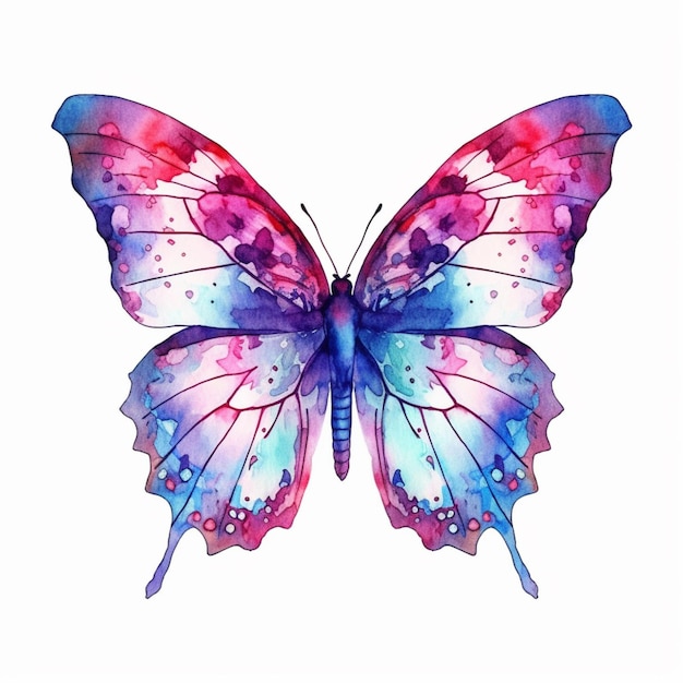 Watercolor illustration of a butterfly with pink and blue colors on a white background