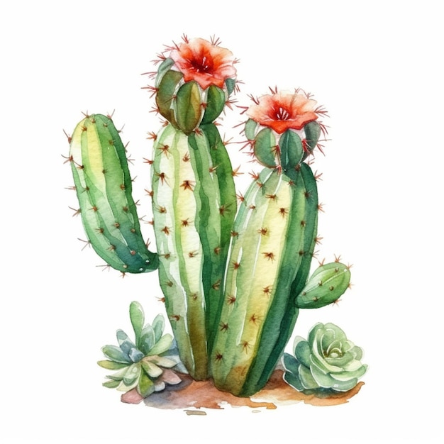 Watercolor illustration of a cactus with flowers.