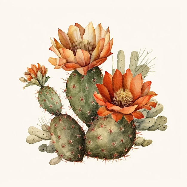 A watercolor illustration of a cactus with a red flower.