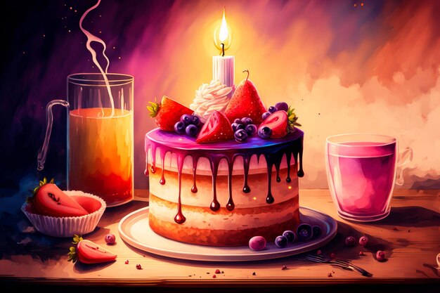 케이크 생일 장식의 수채화 그림