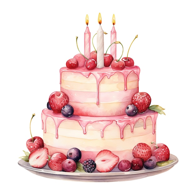 Watercolor illustration of cake Delicious dessert with fruits and candles for birthday anniversary