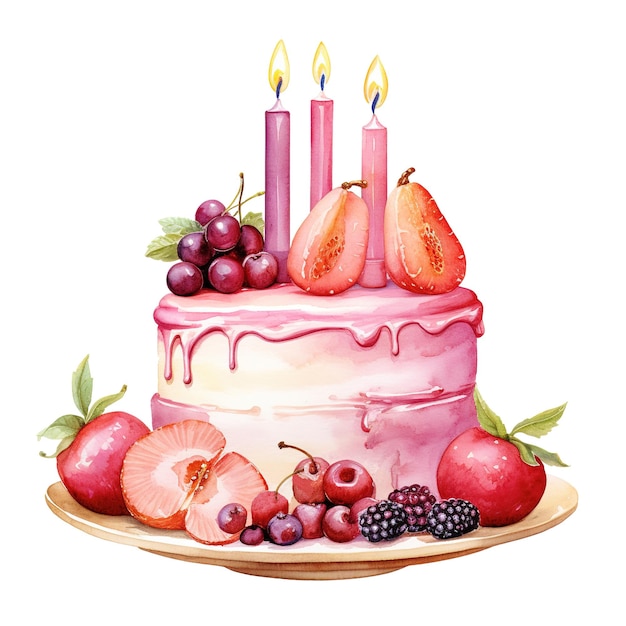 Акварельная иллюстрация торта Вкусный десерт с фруктами и свечами на годовщину дня рождения