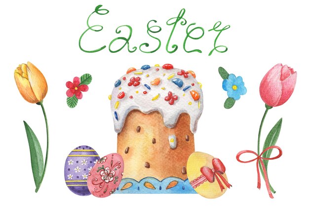 A watercolor illustration of a cake with a cake and the words easter on it.