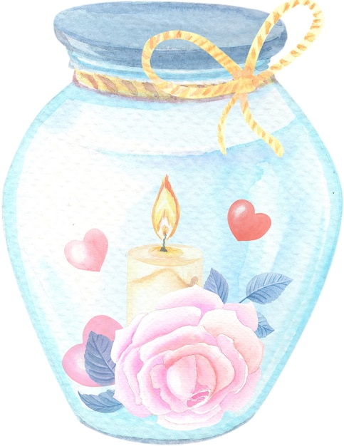 Акварельные иллюстрации свечи, розовой розы и сердца в стеклянной банке.