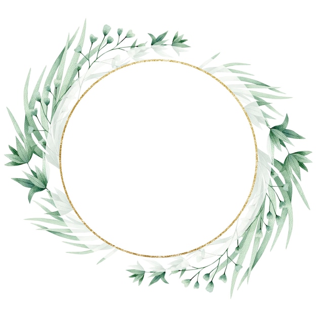 Watercolor illustration card green branches grass circle gold frame Isolated on white background