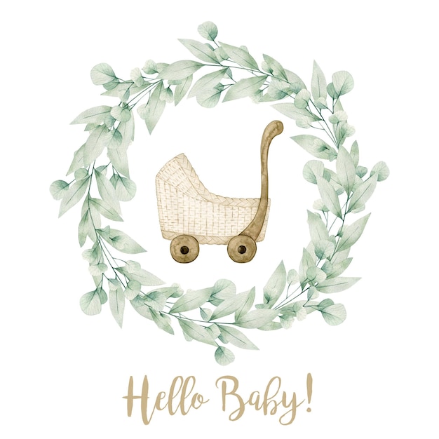 Photo watercolor illustration card hello baby with eucalyptus wreath, vintage stroller. isolated on white