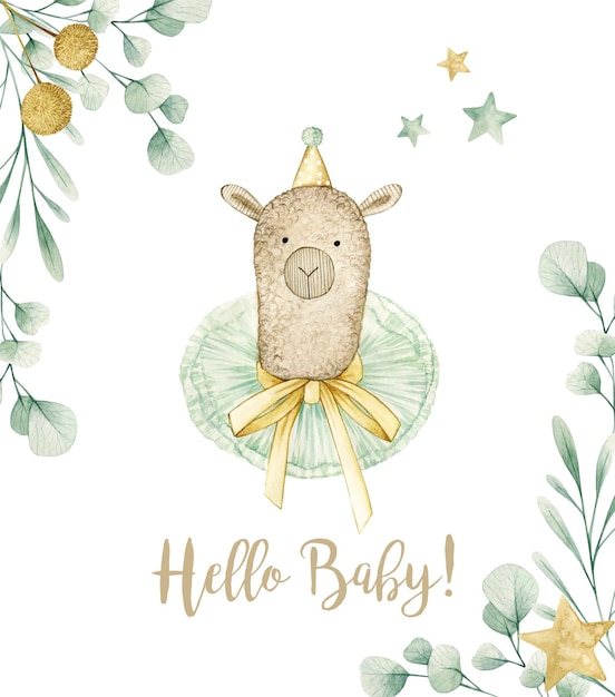 Фото Акварельная иллюстрация карты hello baby с ламой, звездами, эвкалиптом. изолированные на белом фоне.