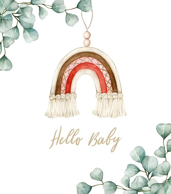 Watercolor illustration card hello baby with rainbow and eucalyptus Hand drawn clipart isolated