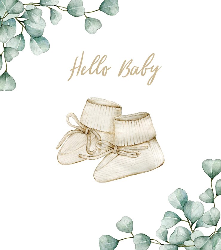 Photo watercolor illustration card hello baby with socks and eucalyptus hand drawn clipart isolated