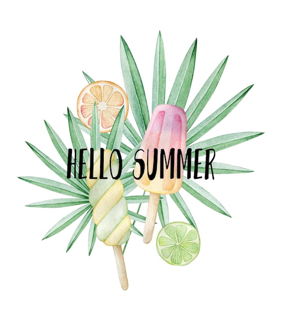 Watercolor illustration card hello summer with palm leaf ice cream orange lime Isolated on white