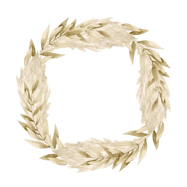 Watercolor illustration card pampas grass, dry leaves wreath. Isolated on white background.