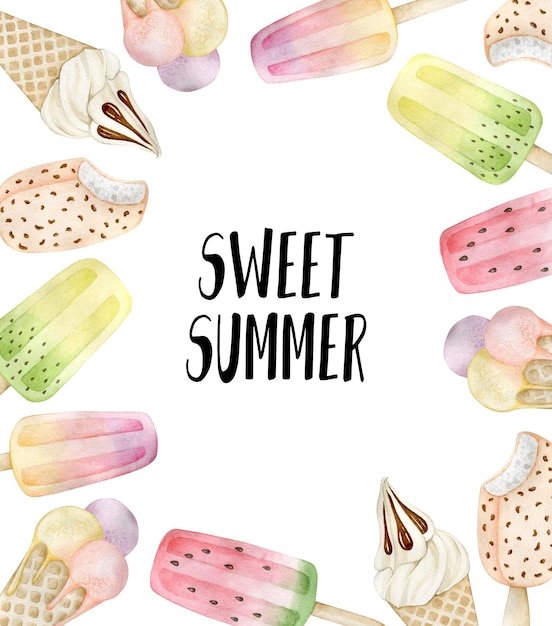 Watercolor illustration card sweet summer with ice cream Isolated on white background Hand drawn