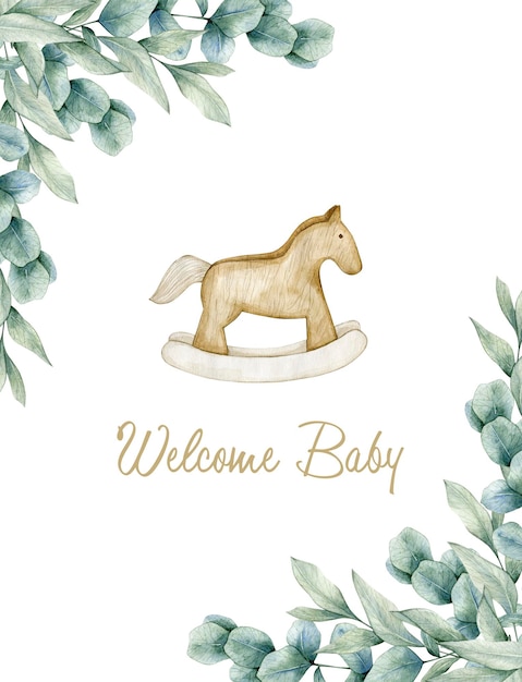 Watercolor illustration card welcome baby with eucalyptus frame and horse Isolated on white