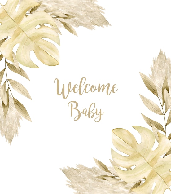 Photo watercolor illustration card welcome baby with pampas grass, palm leaf. isolated on white background