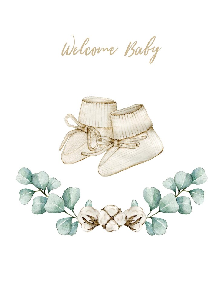 Photo watercolor illustration card welcome baby with socks cotton and eucalyptus hand drawn clipart