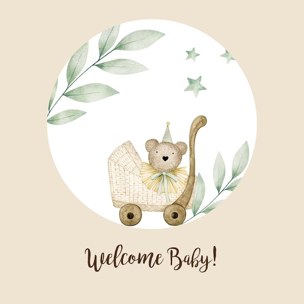 Watercolor illustration card welcome baby with stroller, bear, green leaves.Isolated on white.