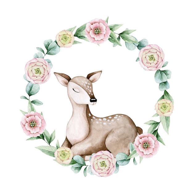 Watercolor illustration card with baby deer, flowers and eucalyptus wreath. Isolated on white.