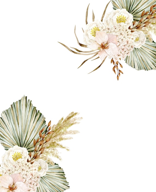 Carta di illustrazione ad acquerello con cornice di bouquet boho isolata su sfondo bianco disegnata a mano
