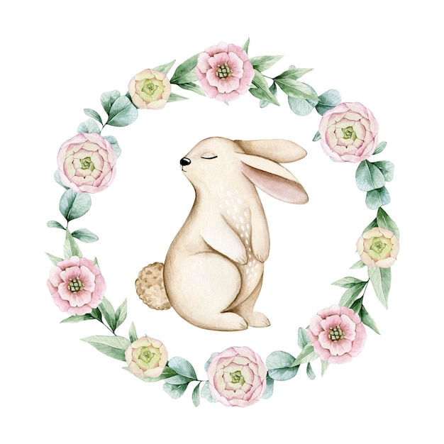 Watercolor illustration card with bunny, flowers eucalyptus wreath. Isolated on white.