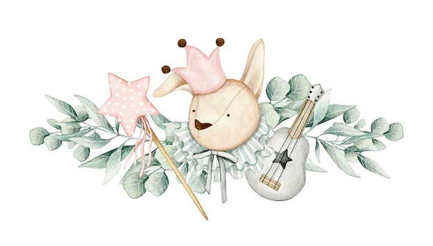 Watercolor illustration card with eucalyptus branches, bunny, star, toy guitar. Isolated on white.