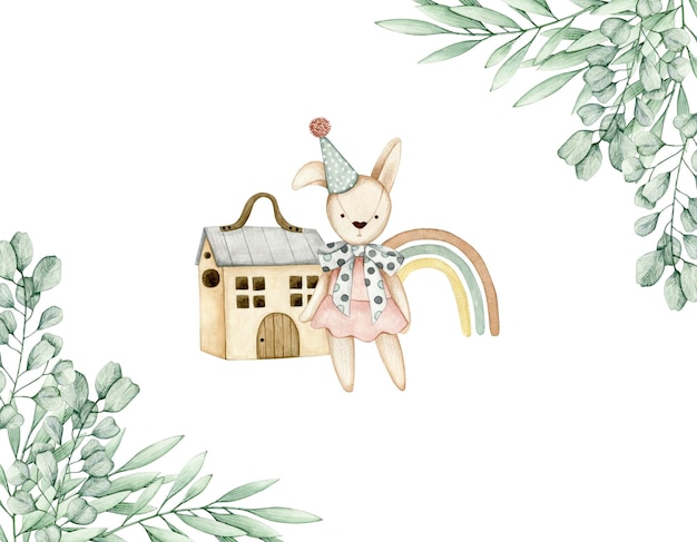 Watercolor illustration card with eucalyptus branches frame, bunny, toy house, rainbow. Isolated.