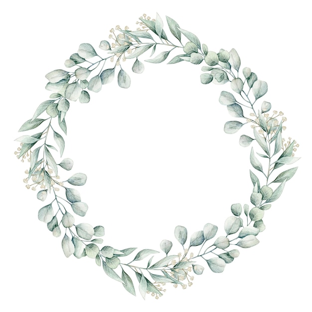 Watercolor illustration card with eucalyptus branches and white flowers wreath. Isolated on white.