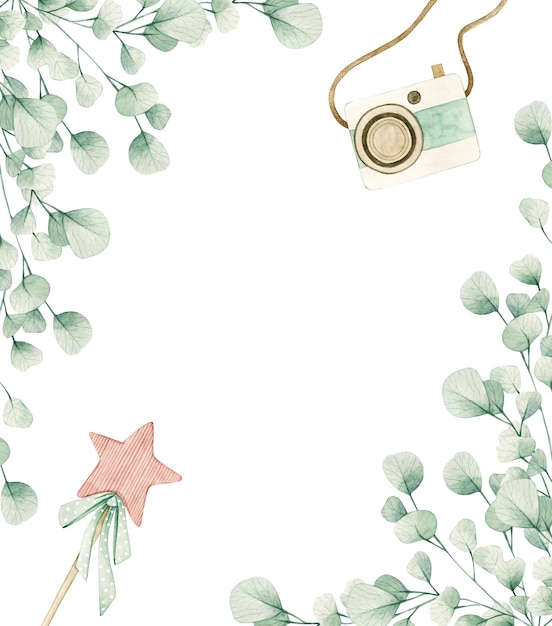 Watercolor illustration card with eucalyptus frame, star, toy camera. Isolated on white background.