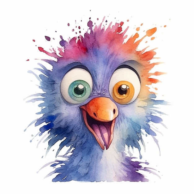 Watercolor illustration of a cartoon bird with a colorful eyes