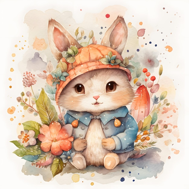 Watercolor illustration of cartoon cute bunny in a hat with flowers Nursery clipart illustration