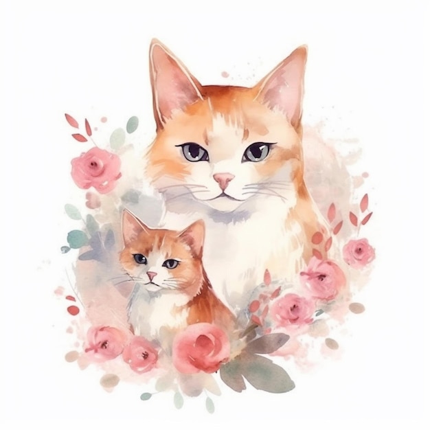 Watercolor illustration of a cat and her kitten