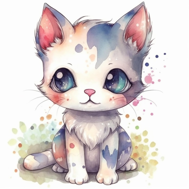 Watercolor illustration of a cat with blue eyes