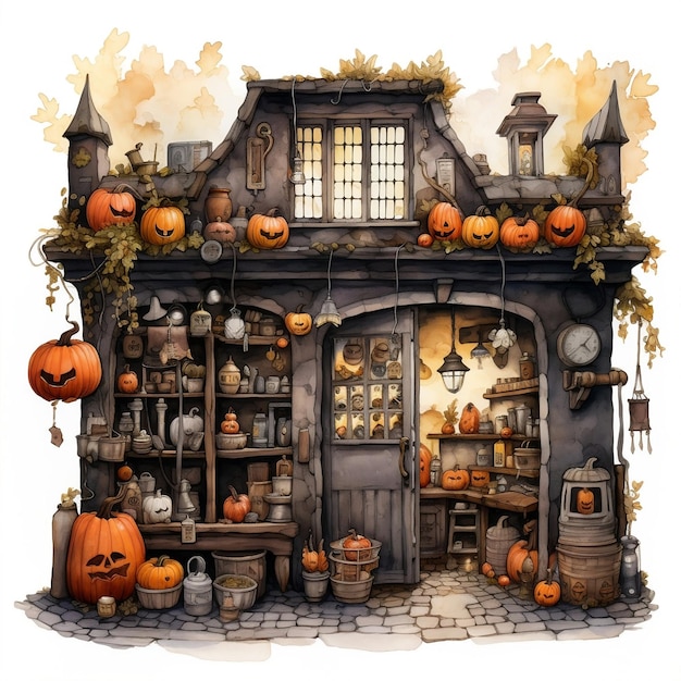 Watercolor illustration of a charming antique shop filled with mysterious Halloween items