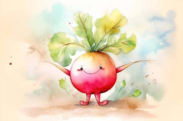 Watercolor illustration of a cheerful beet character
