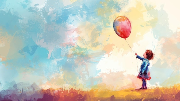 Watercolor illustration of a child holding a balloon