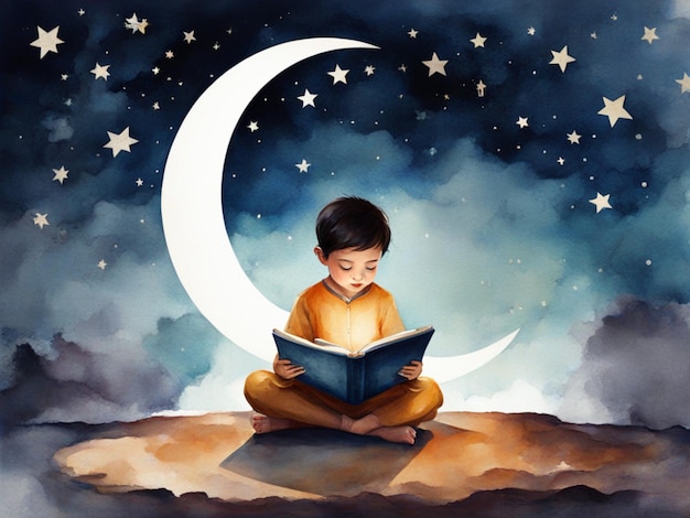 WATERCOLOR illustration of child who is seating on crescent moon and reading quran