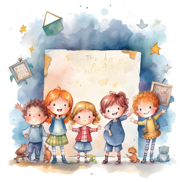 Photo watercolor illustration of children holding a poster that says'say you have a day '