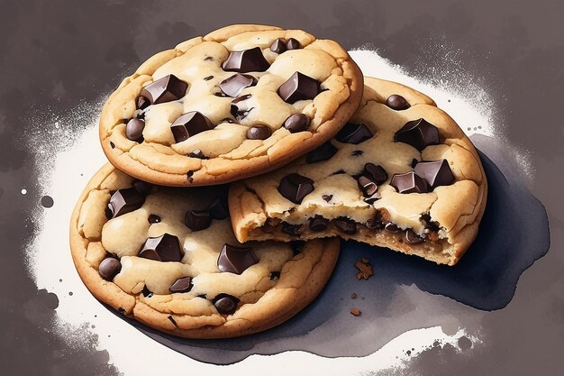 Watercolor illustration of chocolate chip cookie