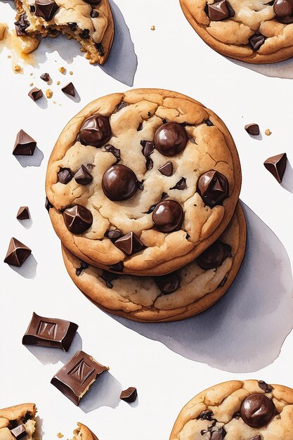 Watercolor illustration of chocolate chip cookie