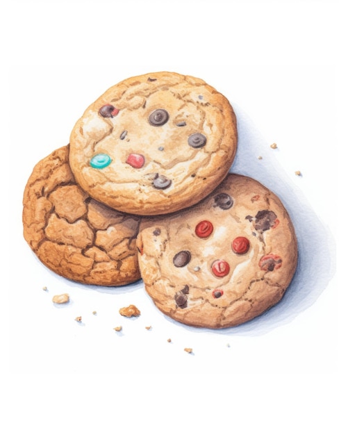Foto illustrazione ad acquerello di biscotti con gocce di cioccolato