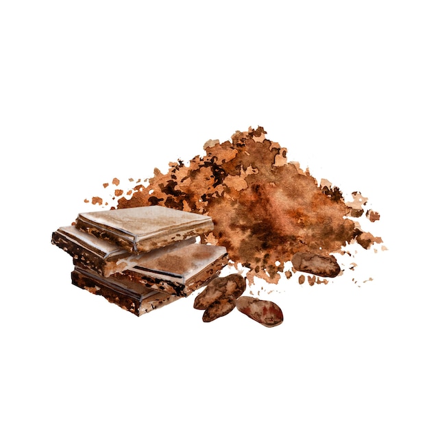 Photo watercolor illustration chocolate cocoa ingredients chocolate pieces hand drawing