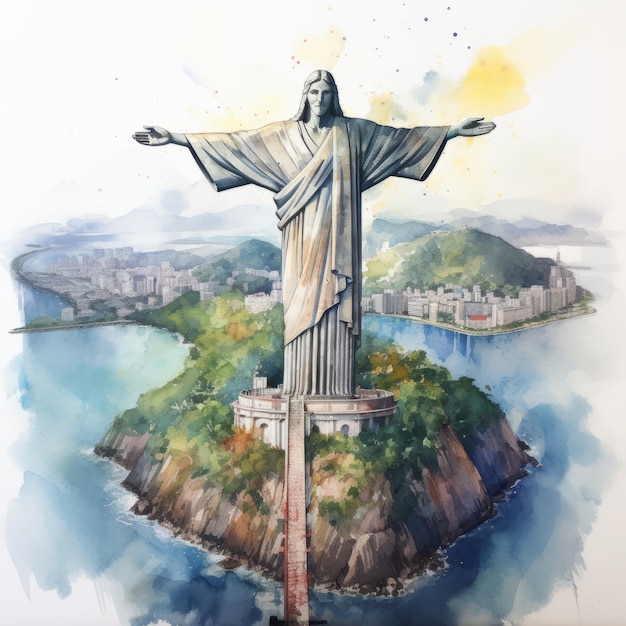 Photo watercolor illustration of christ the redeemer in rio