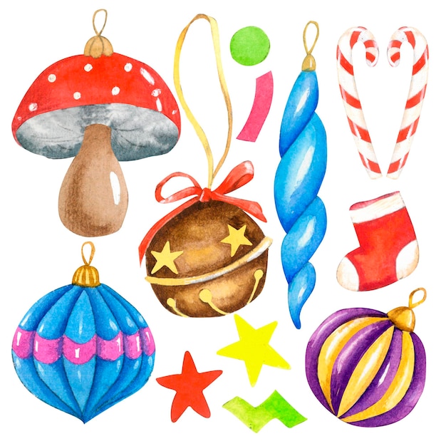 A watercolor illustration of christmas balls and a christmas tree.