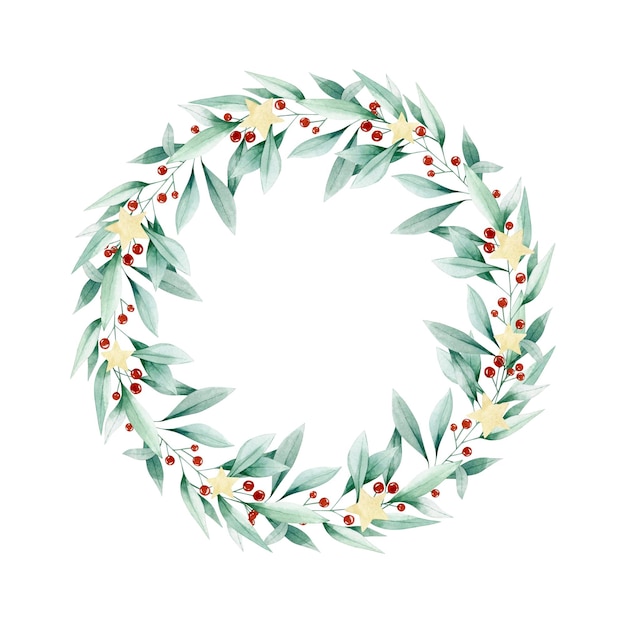 watercolor illustration christmas card with leaves wreath, berries and stars. isolated on white.