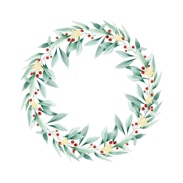 Watercolor illustration christmas card with leaves wreath, berries and stars. Isolated on white.